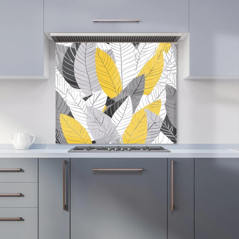 Image of Warren Reed - Designer Yellow Grey Feather Leaves Kitchen Splashback Size: 700mm x 650mm Yellow Unisex 700mm x 650mm