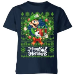 Image of Nintendo Super Mario Happy Holidays Luigi Kid's Christmas T-Shirt - Navy - 11-12 Years