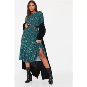 Image of I Saw It First Emerald Green Woven Floral Print Puff Sweetheart Tea Dress - Green