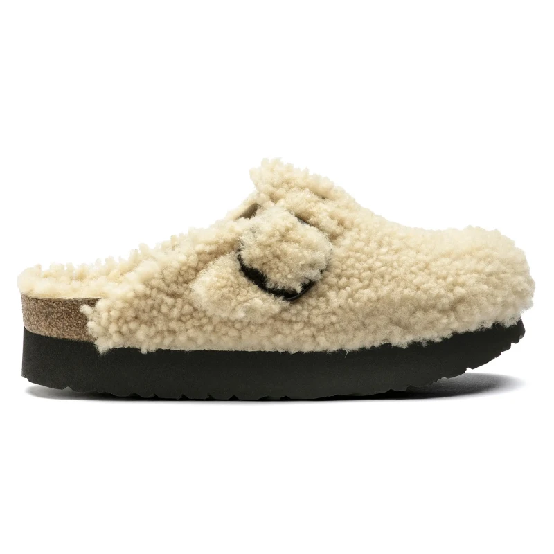 Image of Birkenstock Womens clogs Birkenstock Boston Big Buckle Platform Fur Blanc Female 37 Narrow