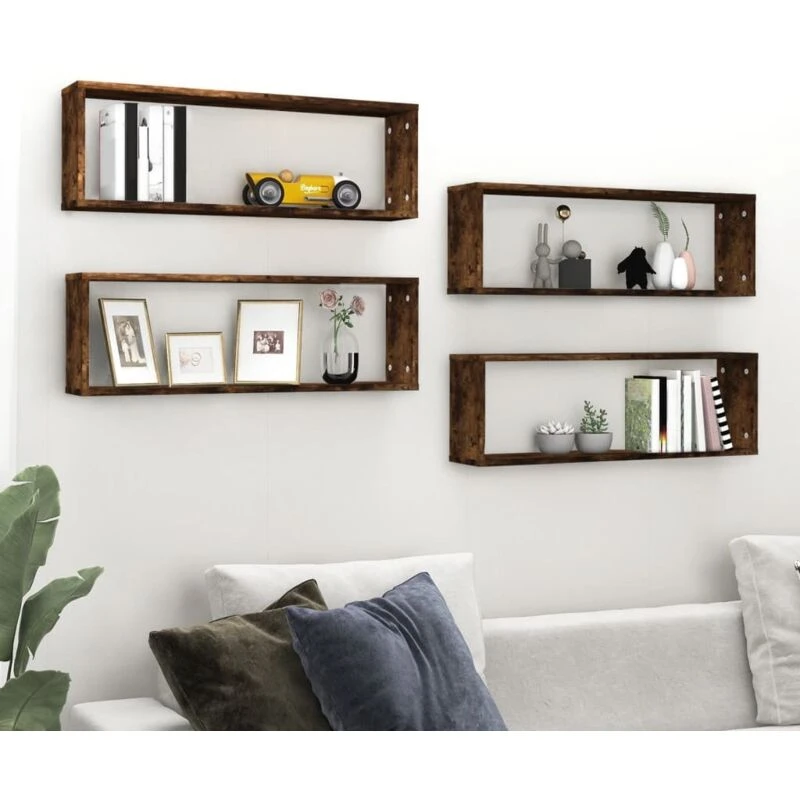 Image of Vidaxl Wall Cube Shelves 4 Pcs Smoked Oak 80X15X26.5cm Engineered Wood, Brown 815916