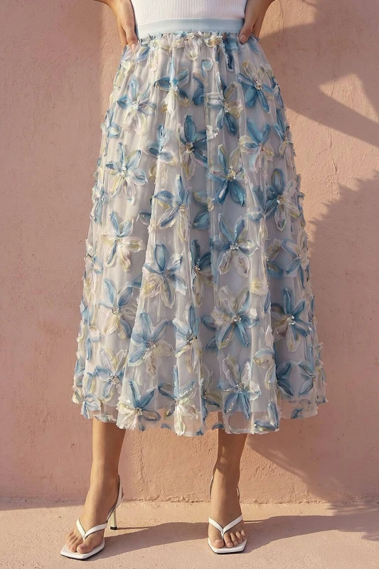 Image of Roman Womens Textured Mesh Floral Midi Skirt in Light Blue Size: 18 Light Blue Female 18