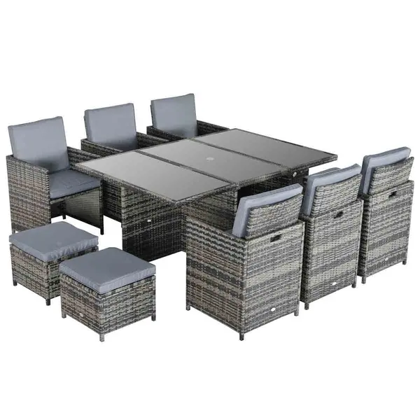 Image of Outsunny 11Pc Garden Rattan Dining Set Cushion Patio Table Chair Conservatory 861-031GY