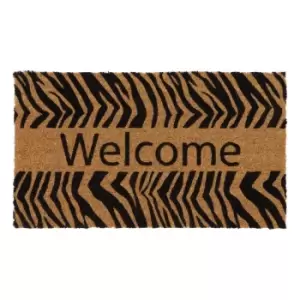 image of JVL Welcome Zebra Print Latex Coir Mat, 40x70cm - Brown/Black