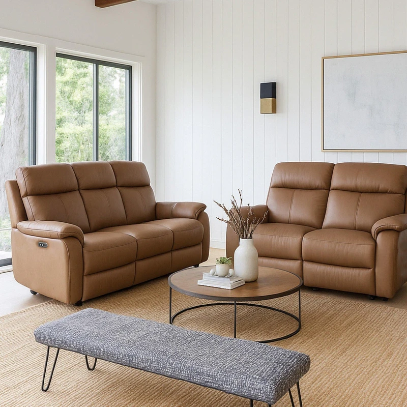 Image of Aspire Aspire Kingsmere 3 + 2 Power Recliner Sofa Set in Real Leather in Tan Tan One Size Unisex 5057632209429