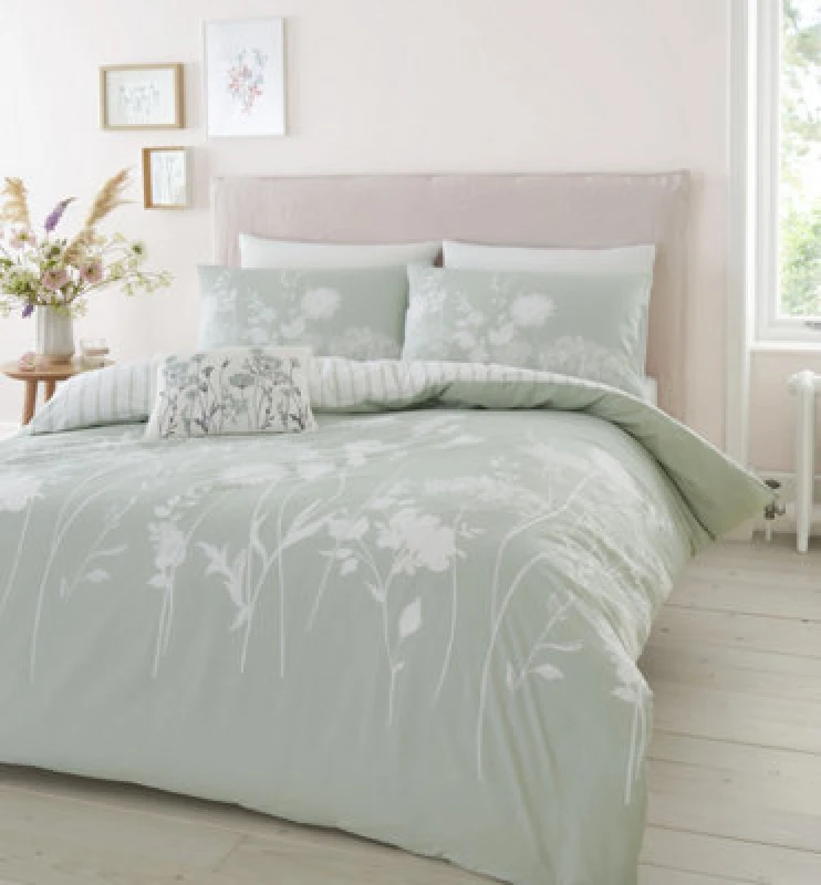 Image of Catherine Lansfield Meadowsweet Floral Reversible Single Duvet Cover Set With Pillowcase Green
