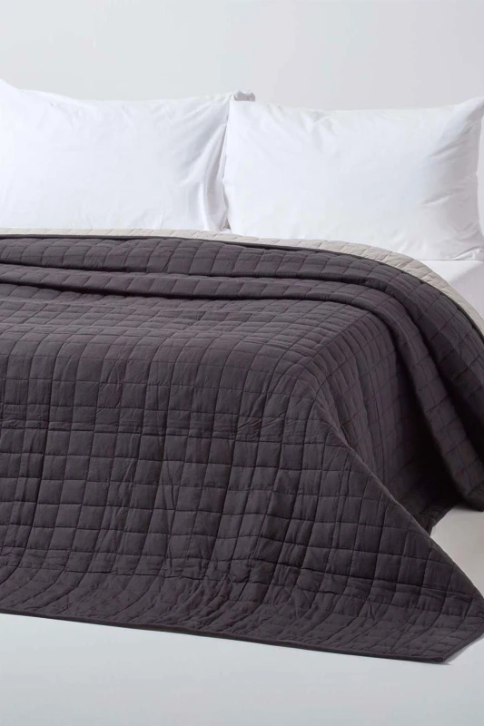 Image of Homescapes Cotton Quilted Reversible Bedspread Black & Grey, 200 X 200 Cm