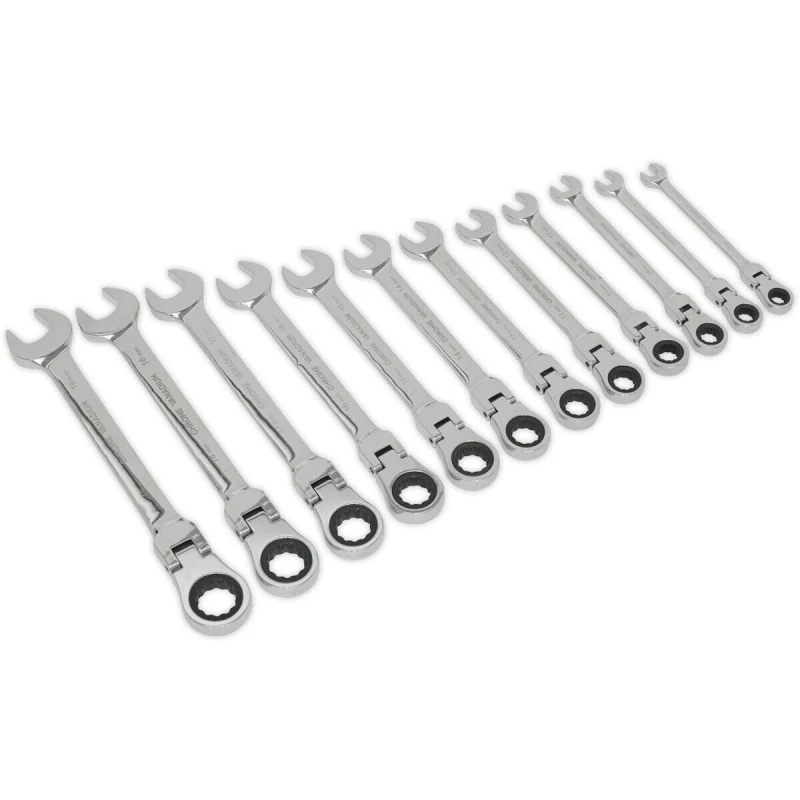 Image of Loops 12pc Flexible Head Ratchet Combination Spanner Set - 12 Point Moving Metric Ring Multi