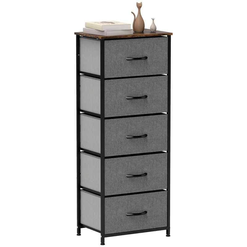 Image of HOMCOM HOMCOM 5 Drawer Fabric Chest of Drawers with Wooden Top, Rustic Brown Brown One Size Unisex 5063603049321
