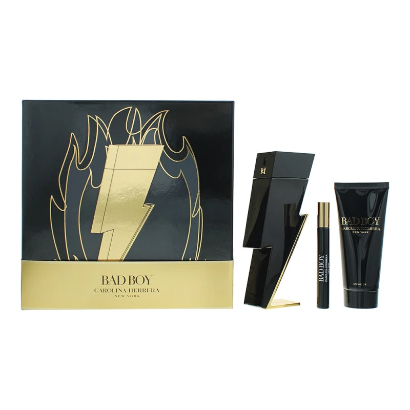 Image of Carolina Herrera Bad Boy 3 Piece Gift Set: Eau de Toilette 100ml - Shower Gel 10