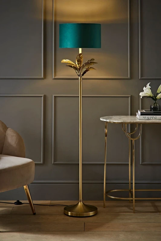 Image of ValueLights ValueLights Christina Velvet with Gold Metallic Inner Drum Shade Gold Palm Leaf Floor Lamp in Bottle Green Bottle Green One Size Unisex 50