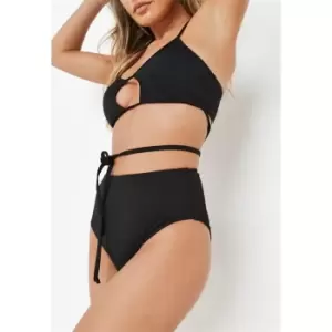 image of Missguided Rib Wrap Tie High Waisted Bikini Bottoms - Black