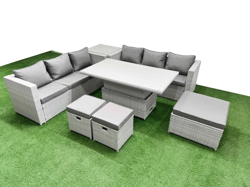 Image of Fimous 7 Pcs Rising Dining Table Set Rattan Furniture Set With 3 Seater Sofa 3 Footstools Side Table Light Grey