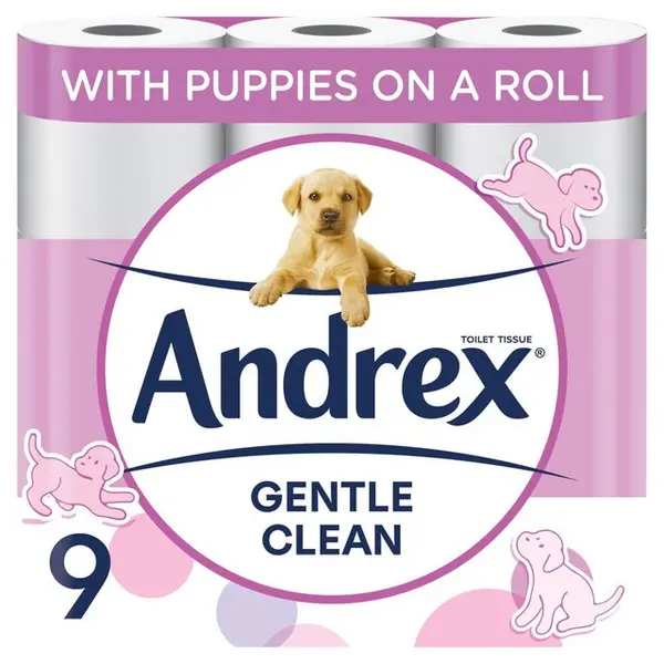 image of Andrex Gentle Clean Puppies On A Roll 9 Toilet Rolls