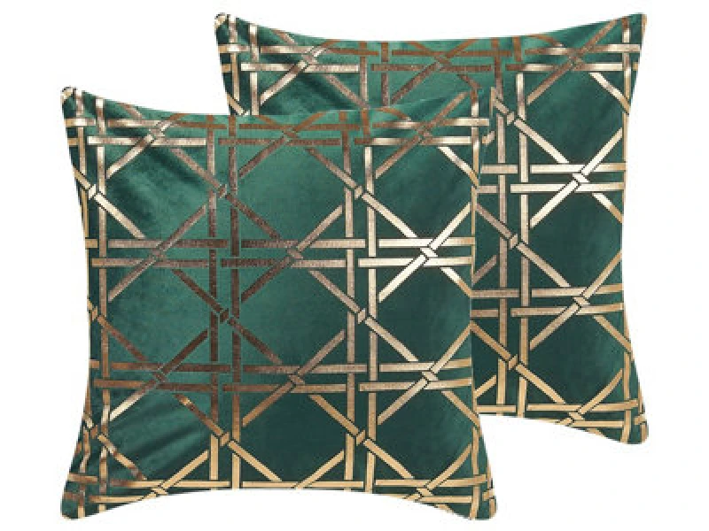 Image of Beliani Set Of 2 Decorative Cushions Cassia 45 X 45cm Dark Green Geometric Pattern