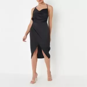 image of Missguided Satin Cowl Neck Wrap Midi Dress - Black