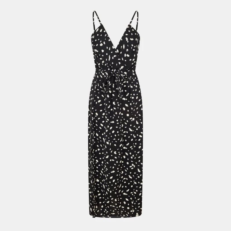 Image of AX Paris Spot Printed Strappy Wrap Top Tie Waist Midi Dress Black female 8 (XS)