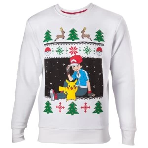 image of Pokemon - Ash & Pikachu Christmas Mens XX-Large Sweater - White