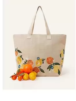 Image of Accessorize Embroidered Orange And Lemons Beach Tote, Cream, Women