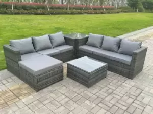 Image of Fimous 6 Seater Outdoor Dark Grey Rattan Lounge Complete Sofa Set with 2 Coffee Tables and Footstool