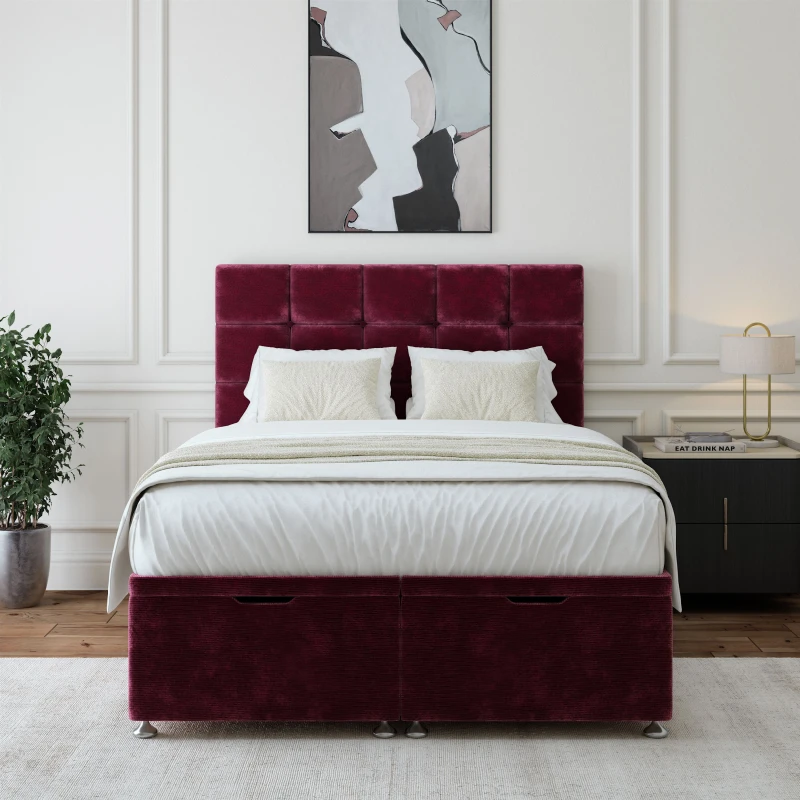 Image of Bedmaster Bedmaster Chenille Ottoman Divan Base And Square Headboard in Aubergine Size: Super King Aubergine Super King Unisex 7867868435664