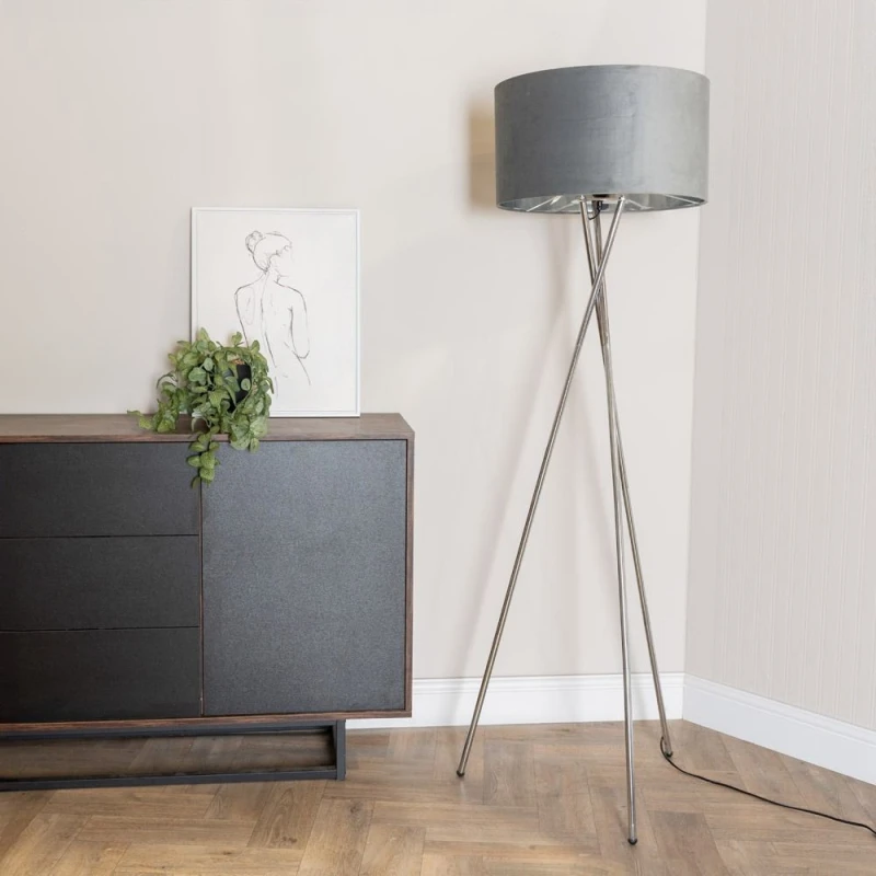Image of ValueLights ValueLights Camden Chrome Tripod Floor Lamp and Grey Velvet and Chrome Lamp Shade Grey One Size Unisex 5059406060830