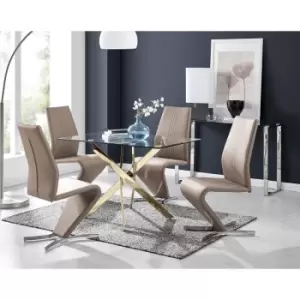 Image of Furniturebox Leonardo 120cm Modern Glass And Gold Metal Leg Dining Table And 4 Cappuccino Beige Willow Faux Leather Silver Chrome Feet Dining Chairs