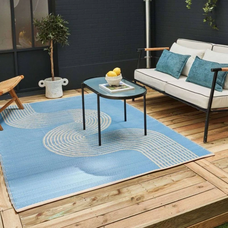 Image of THE RUGS Reversible Weatherproof Outdoor Rug Wavy Line Blue & Beige Size: 120cm x 160cm Blue Unisex 120cm x 160 cm