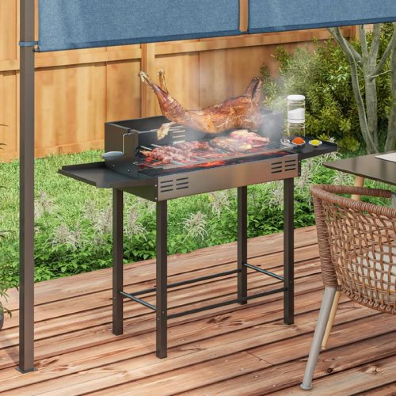 Image of Outsunny Charcoal BBQ Rotisserie Grill Roaster w/ 3-Level Grill Grate & Foldable Shelves Black