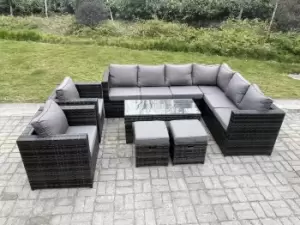 Fimous 8 Seater Outdoor Dark Grey Rattan Lounge Complete Sofa Set with Rectangular Coffee Table and 2 Big Footstool