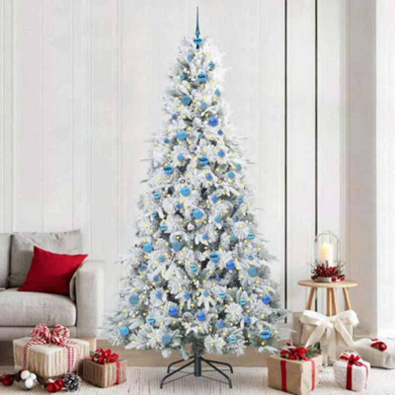 Image of vidaXL Artificial Hinged Christmas Tree with Blue Balls Snow Flocked Green 240cm PE and PVC, Green 3397517