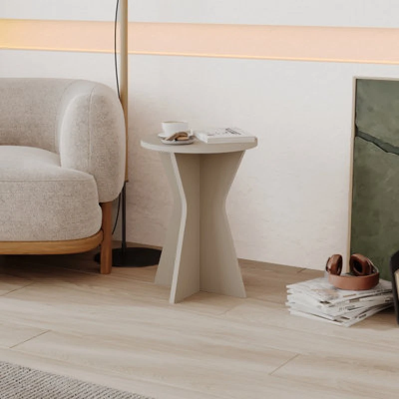 Image of Decortie Lisa Round Side Table With Geometric Pedestal Base 40Cm Sandstone Coffee Table