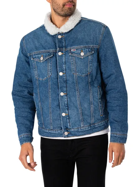 Image of Tommy Hilfiger Regular Sherpa Flag Trucker Denim Jacket - L