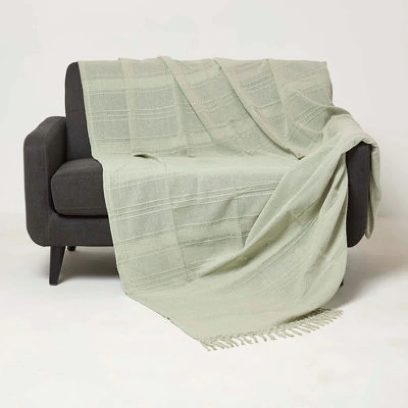 Image of Homescapes Kashi Cotton Throw with Tassels Green