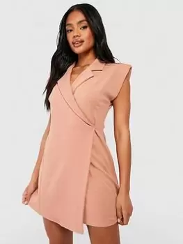 Image of Boohoo Crepe Sleeveless Wrap Front Blazer Dress - Camel, Brown, Size 10, Women