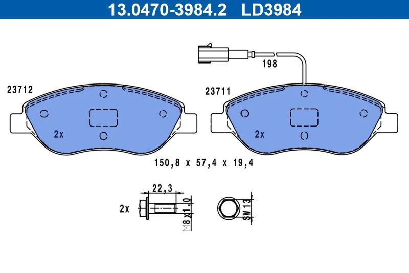 Image of ATE 13.0470-3984.2 Brake pad set incl. wear warning contact, with brake caliper screws Brake Pad Set,disc brake (402)