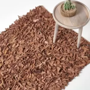 Image of Dallas Leather Shaggy Rug Brown, 120 x 180cm - Brown - Homescapes