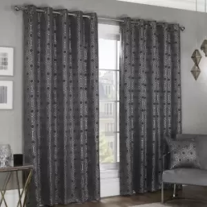 Image of Hartford Geometric Woven Thermal Blackout Lined Eyelet Curtains, Charcoal, 90 x 90" - Emma Barclay