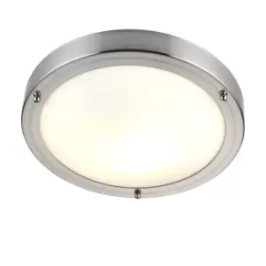 Image of Flush Bathroom Ceiling Light IP44 - Satin Nickel& Frosted Glass - 60W E27 GLS