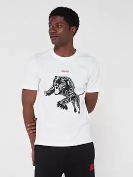 Image of HUGO Darpione Print T-Shirt - White, Size 2XL, Men
