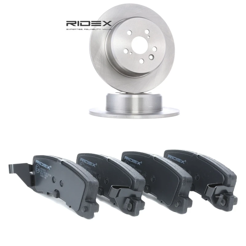 Image of RIDEX 3405B3313 Brake disc and pads set Rear Axle, Brake Disc Type: Solid, with acoustic wear warning Brake Set,disc brakes (3405)