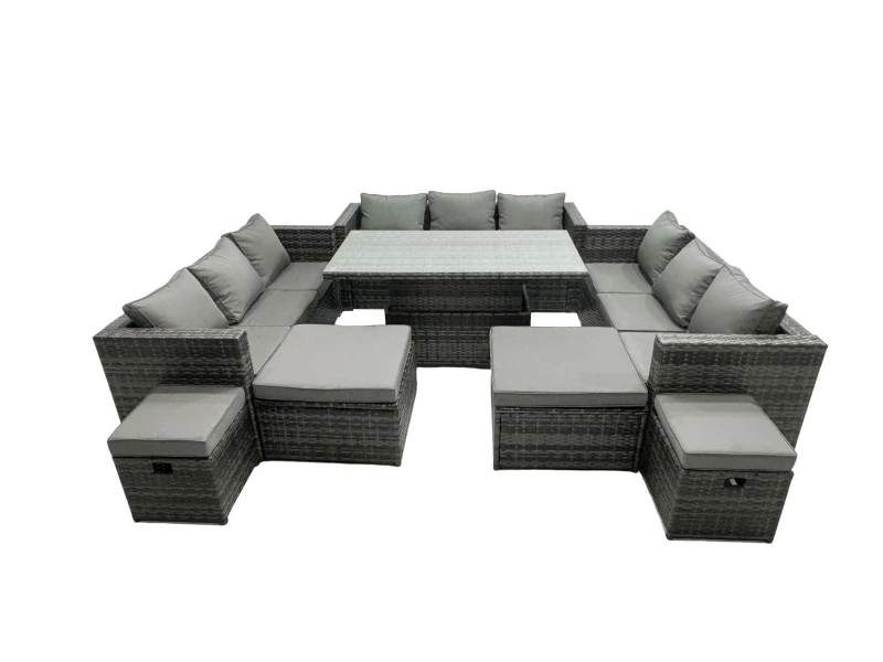 Image of Fimous Rattan Dining Table Sofa Set with 4 Stools Outdoor 13 Seat in Dark Grey Dark Grey Unisex