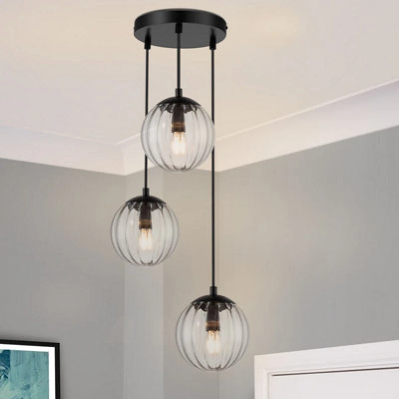 Image of Cosylyte Kingston 3 Light Modern Ribbed Glass Pendant Light - Matt Black Base