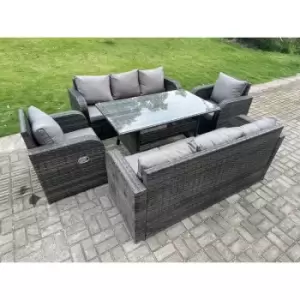 Image of Fimous 8 Seater Outdoor Dark Grey Rattan Lounge Complete Sofa Set with Reclining Chair and Rectangular Dining Table