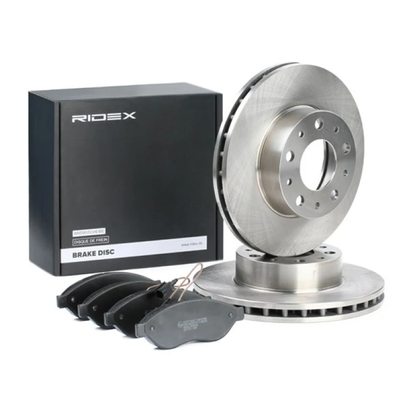 Image of RIDEX 3405B0400 Brake disc and pads set with accessories, Front Axle, Brake Disc Type: Vented, incl. wear warning contact Brake Set,disc brakes (3405