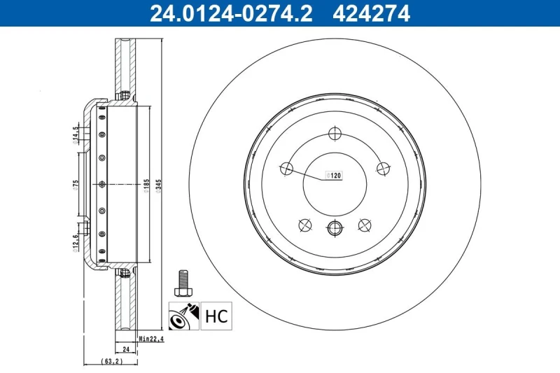 Image of Brake disc ATE 24.0124-0274.2