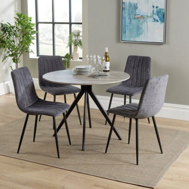 Image of Core Products Aspen Grey Oak Round Table & 4 Grey Fabric Chair Dining Set, Grey ASTB4-OKSET6
