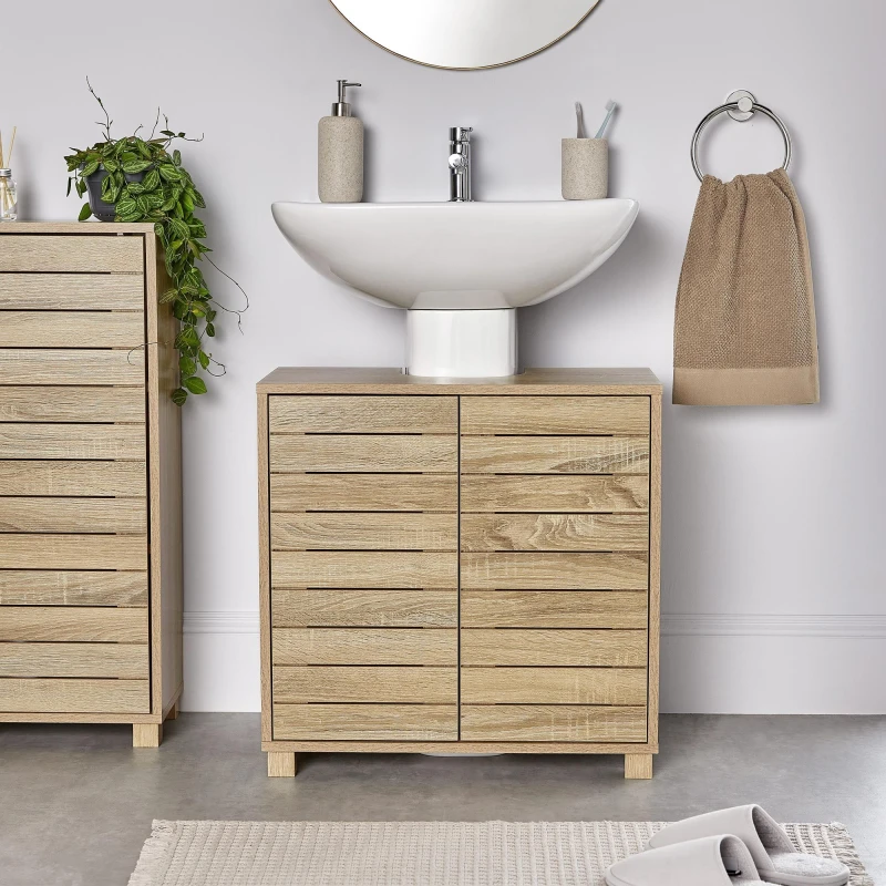 Image of Vonhaus Under Sink Bathroom Cabinet, Oak Wood Effect Bathroom Sink Cupboard, Freestanding Under Basin Cabinet, Chester