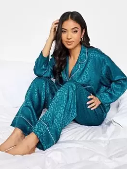 Image of PixieGirl Petite Teal Jacquard Animal Satin Pj Set, Green, Size 10-12, Women