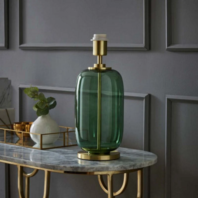 Image of ValueLights Leigh Glass with Gold Trim Table Lamp Base Bottle Green